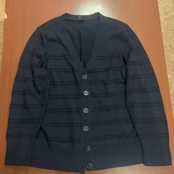 Talbots Navy V-NECK POINTELLE GIRLFRIEND CARDIGAN - Picture 2 of 5